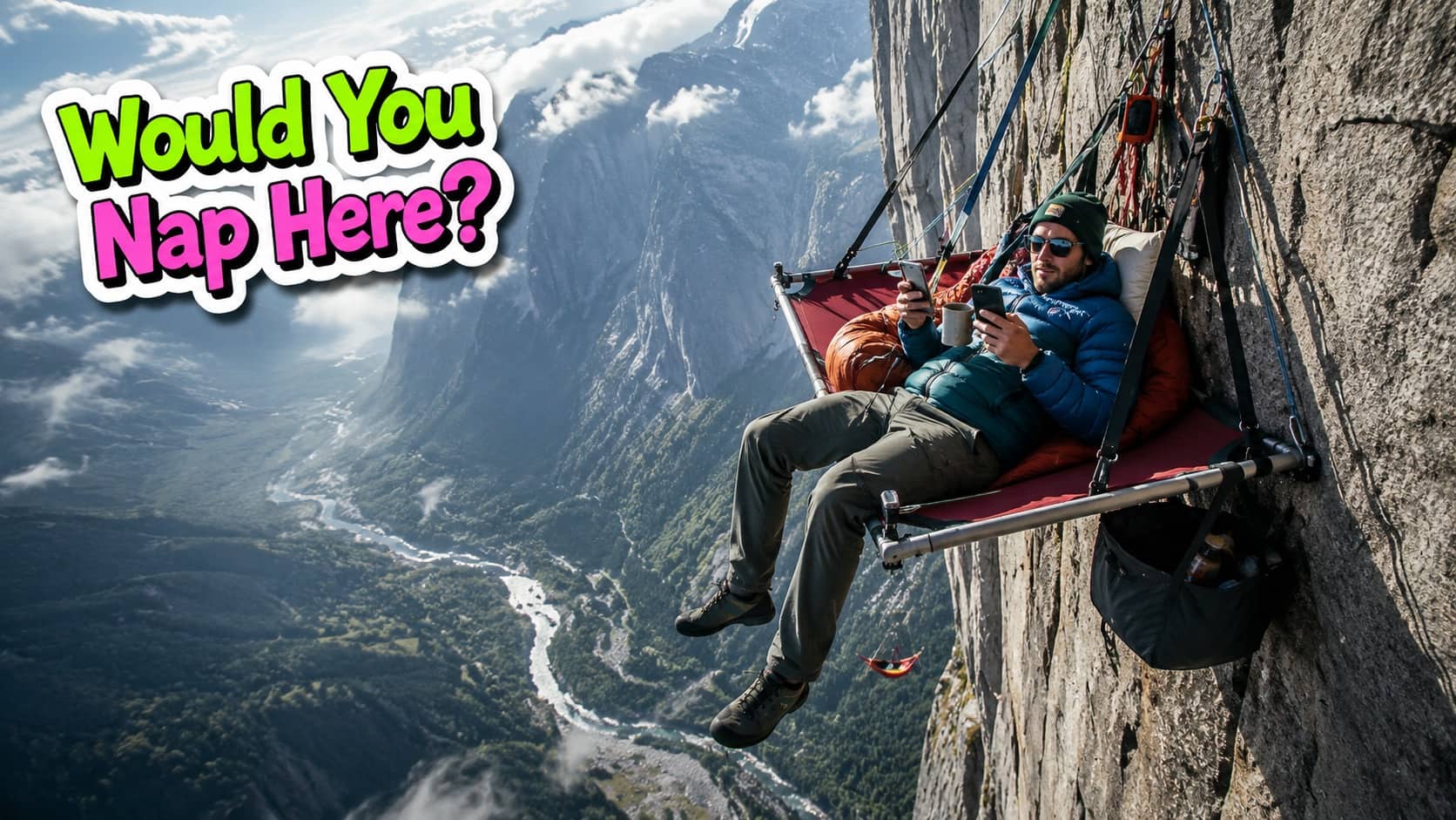 Mountain climber relaxing on a portaledge cliff tent overlooking a valley with text would you nap here.