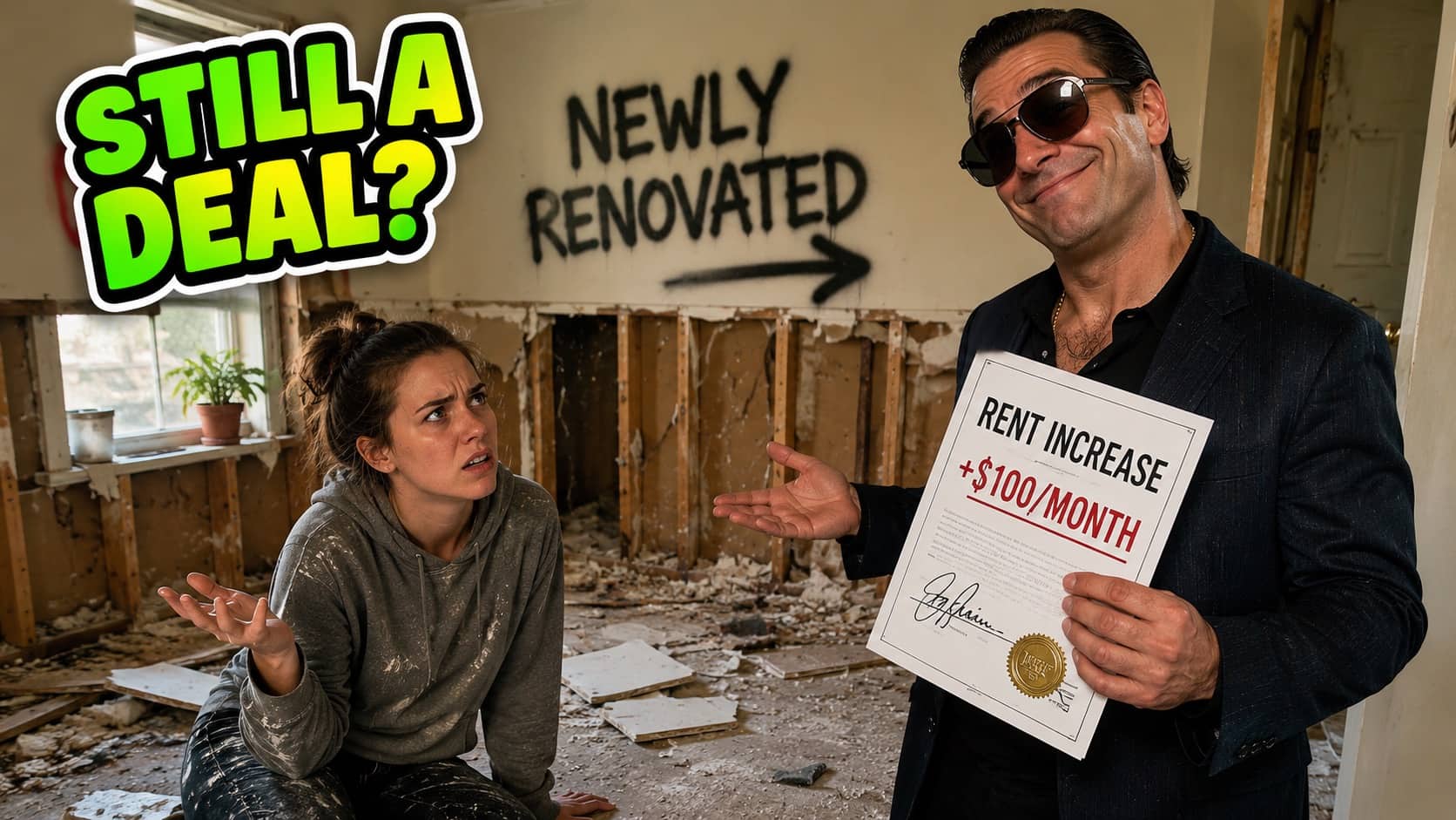 Distressed tenant looking at a smug landlord holding a rent increase notice in a ruined apartment.
