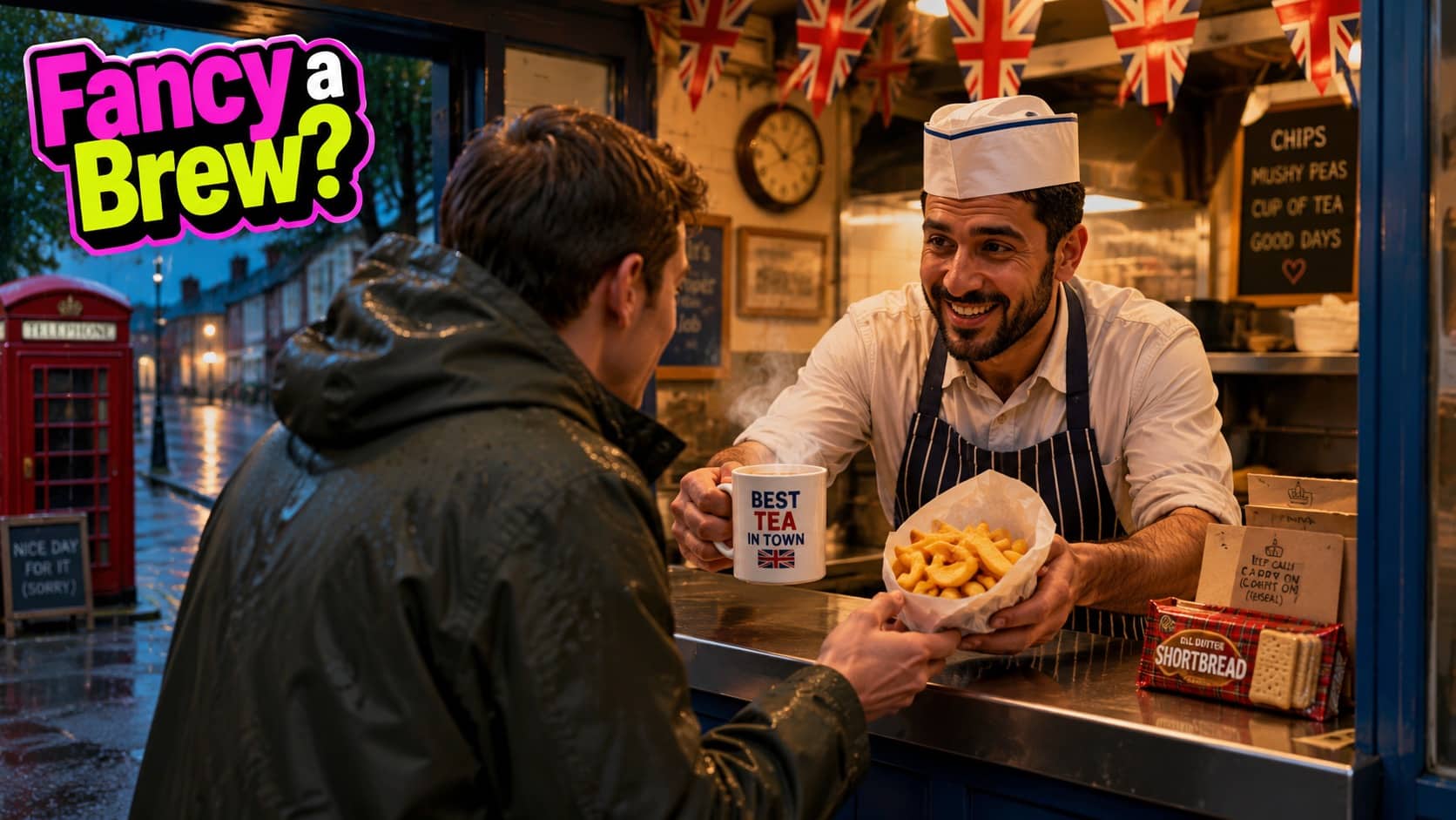 British man serving tea and chips at a rainy street food stall with Union Jack flags.