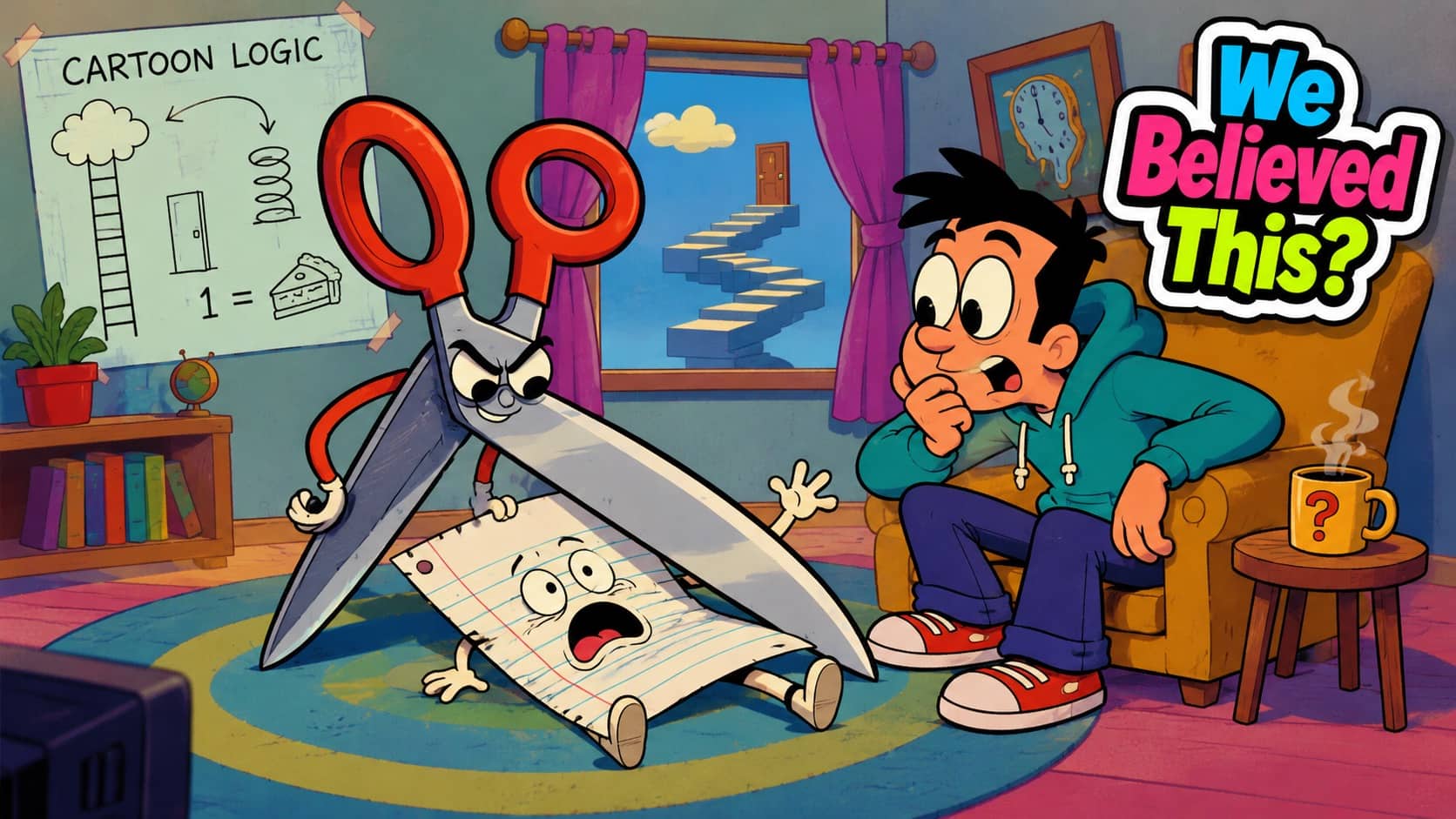 Cartoon boy questioning absurd cartoon logic while a giant scissor character chases a paper character.