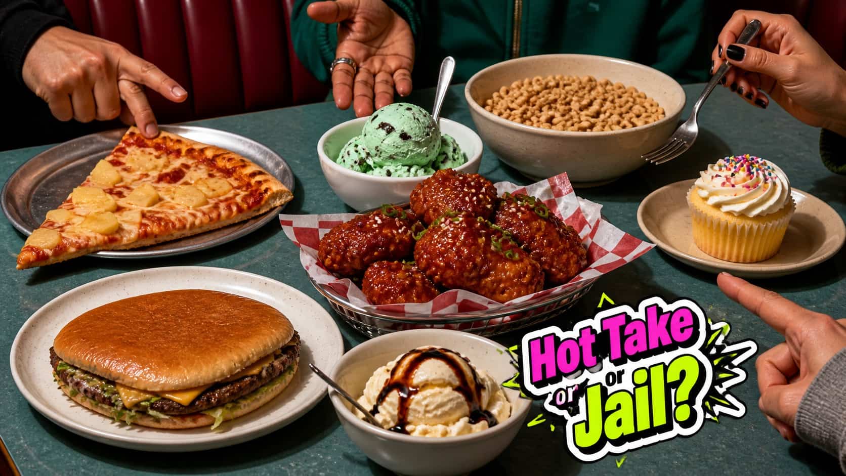 Controversial food takes including pineapple pizza and mint chocolate chip ice cream at a diner.