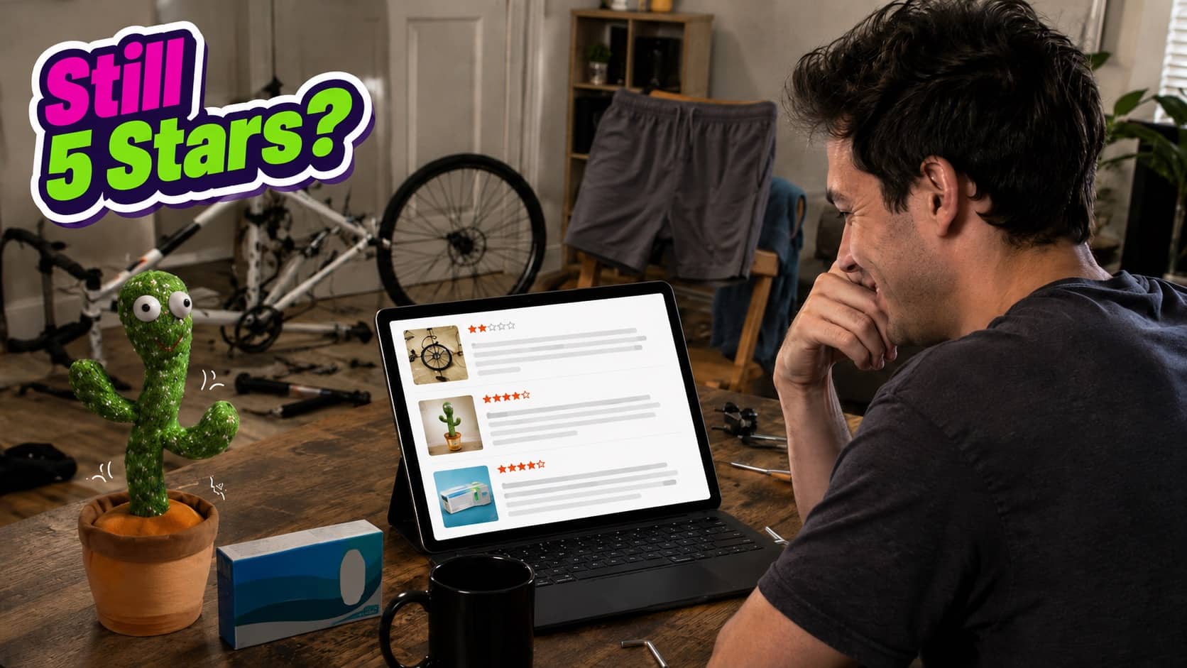 Smiling man viewing funny five star Amazon product reviews on a laptop computer screen.