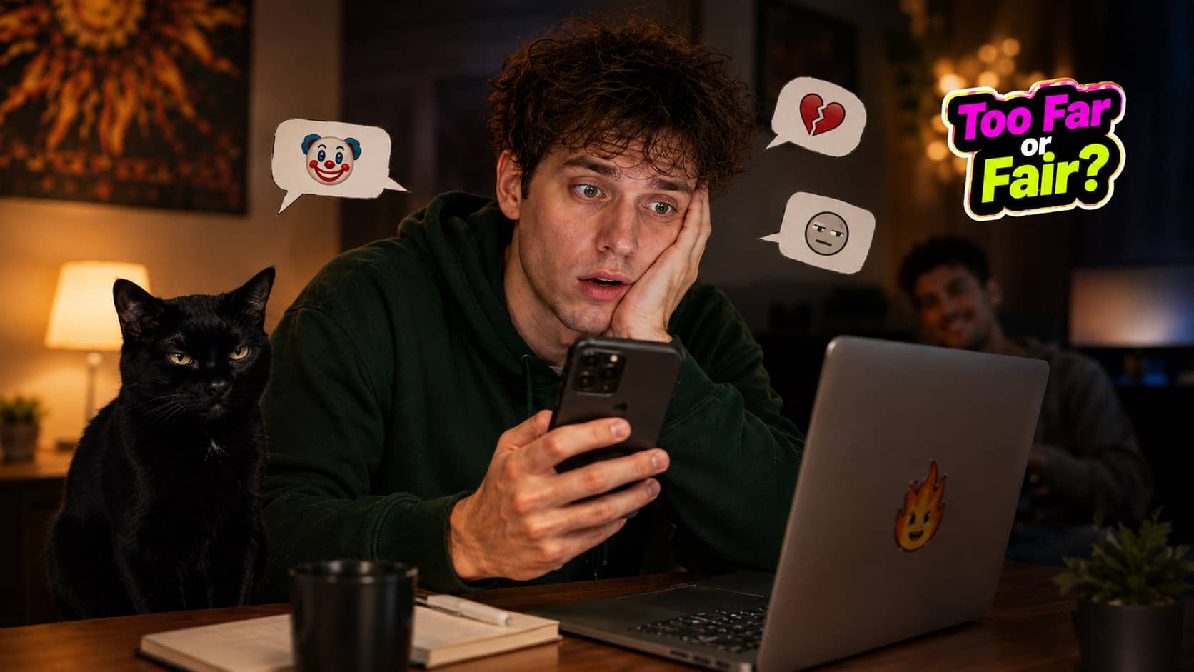 Stressed man staring at smartphone with speech bubbles containing clown, broken heart, and annoyed emojis.