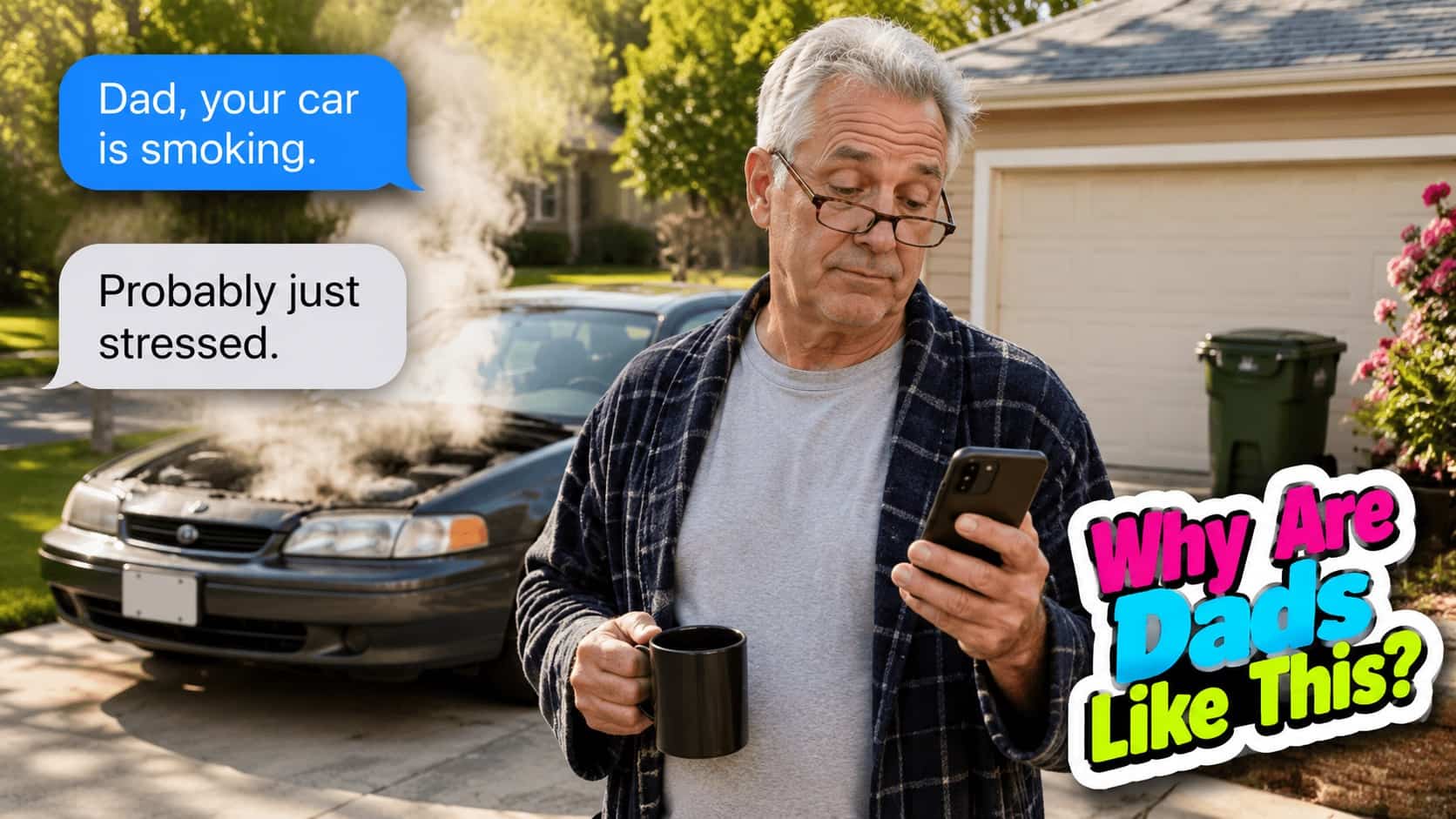 Older man in bathrobe looking at phone text about smoking car with funny stressed pun.