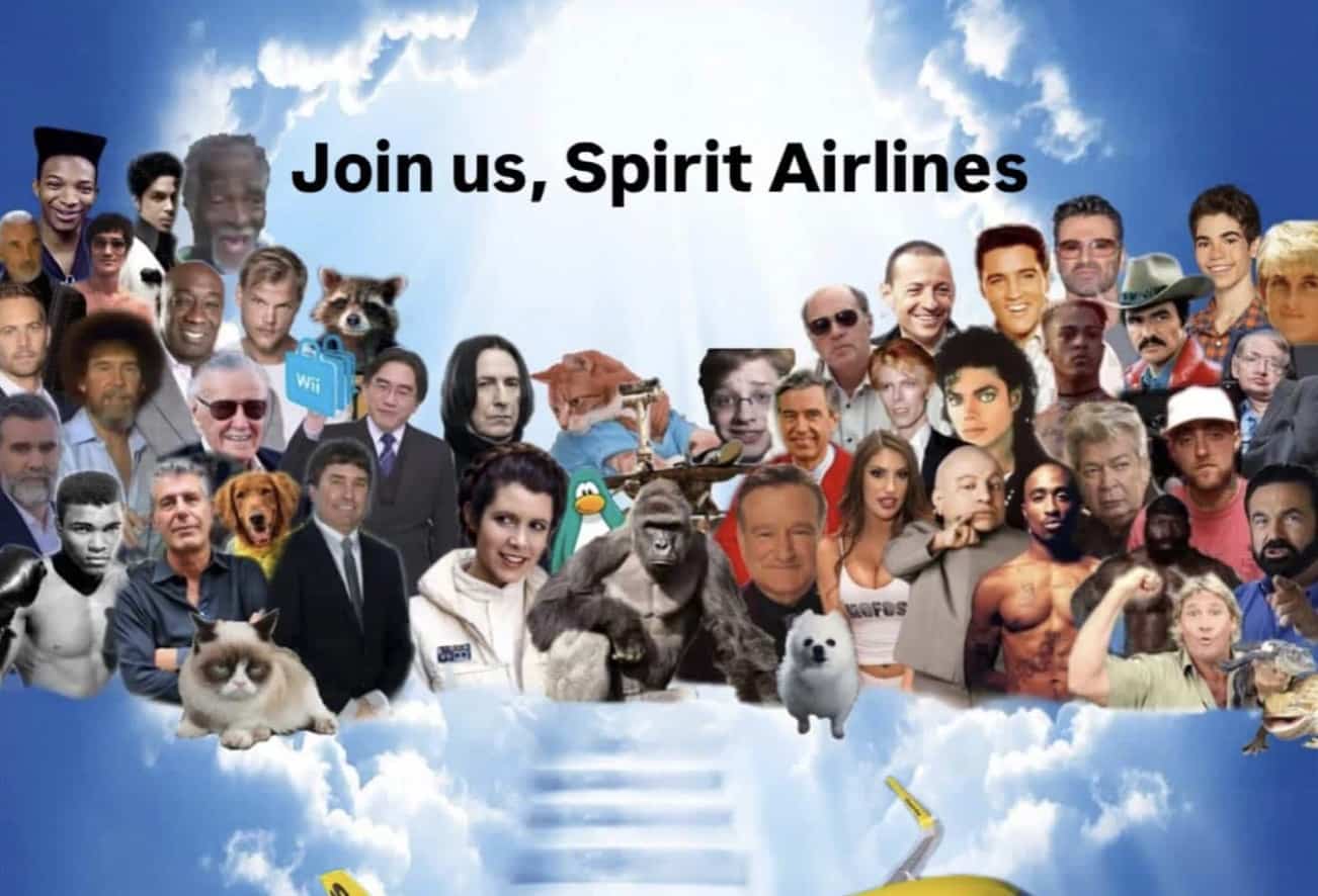 Harambe, Robin Williams, and other deceased celebrities welcoming Spirit Airlines to heaven meme.