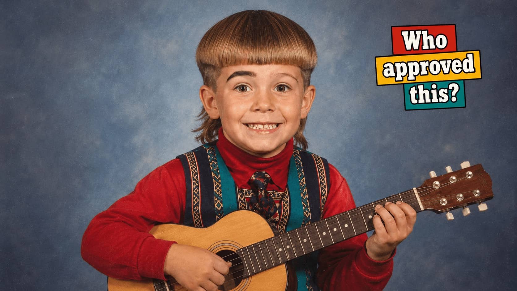 Funny school photo of a boy with a bowl cut mullet holding a small guitar.