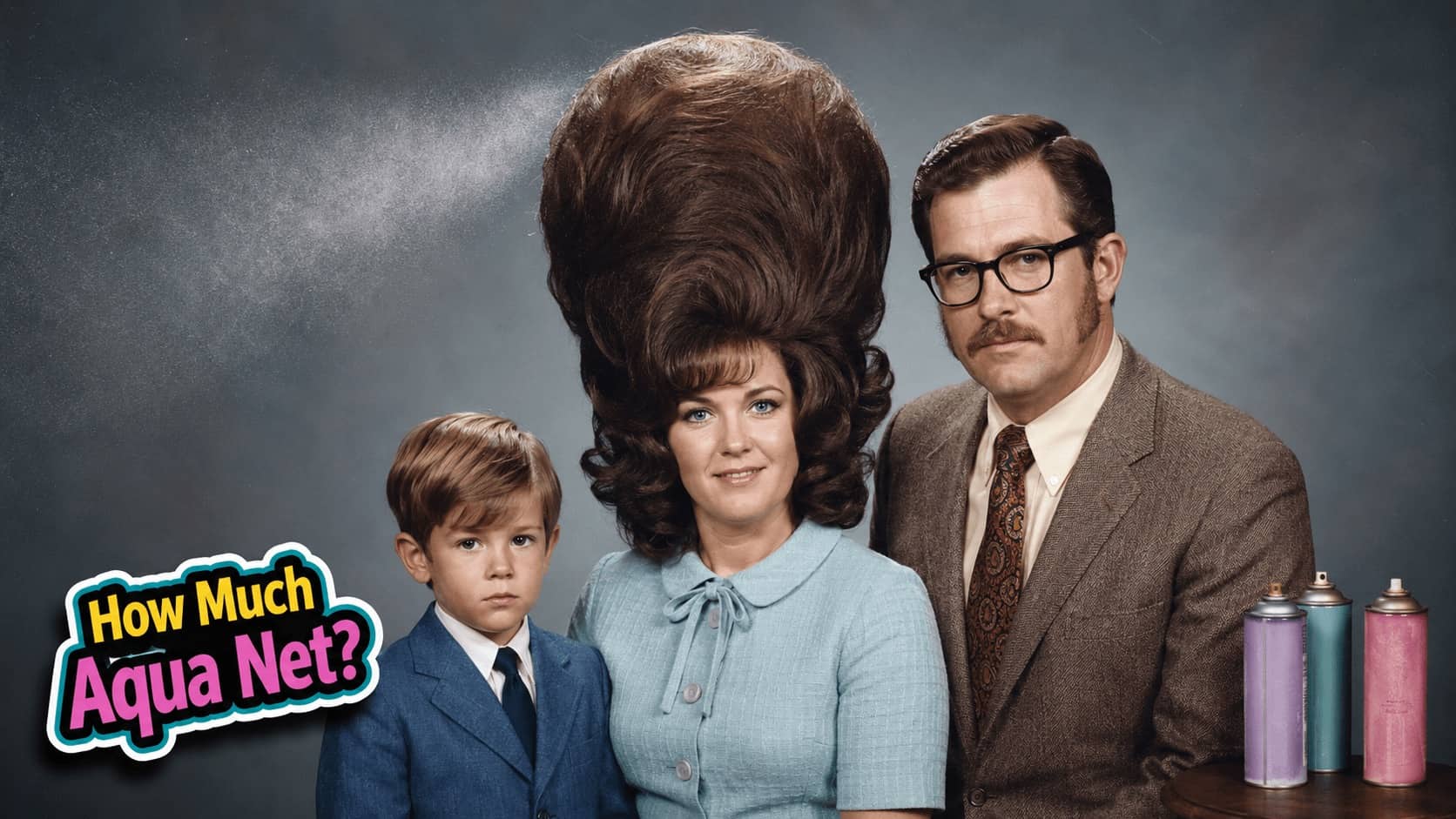 Funny vintage studio portrait of a family featuring a woman with incredibly massive, towering hair.