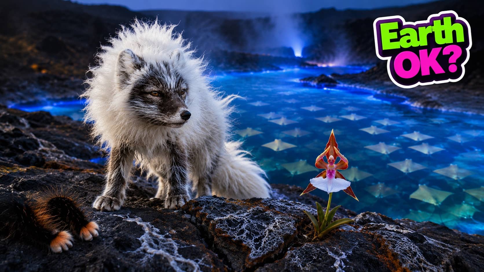 White arctic fox standing on volcanic rock near a glowing blue river with orchid flower.