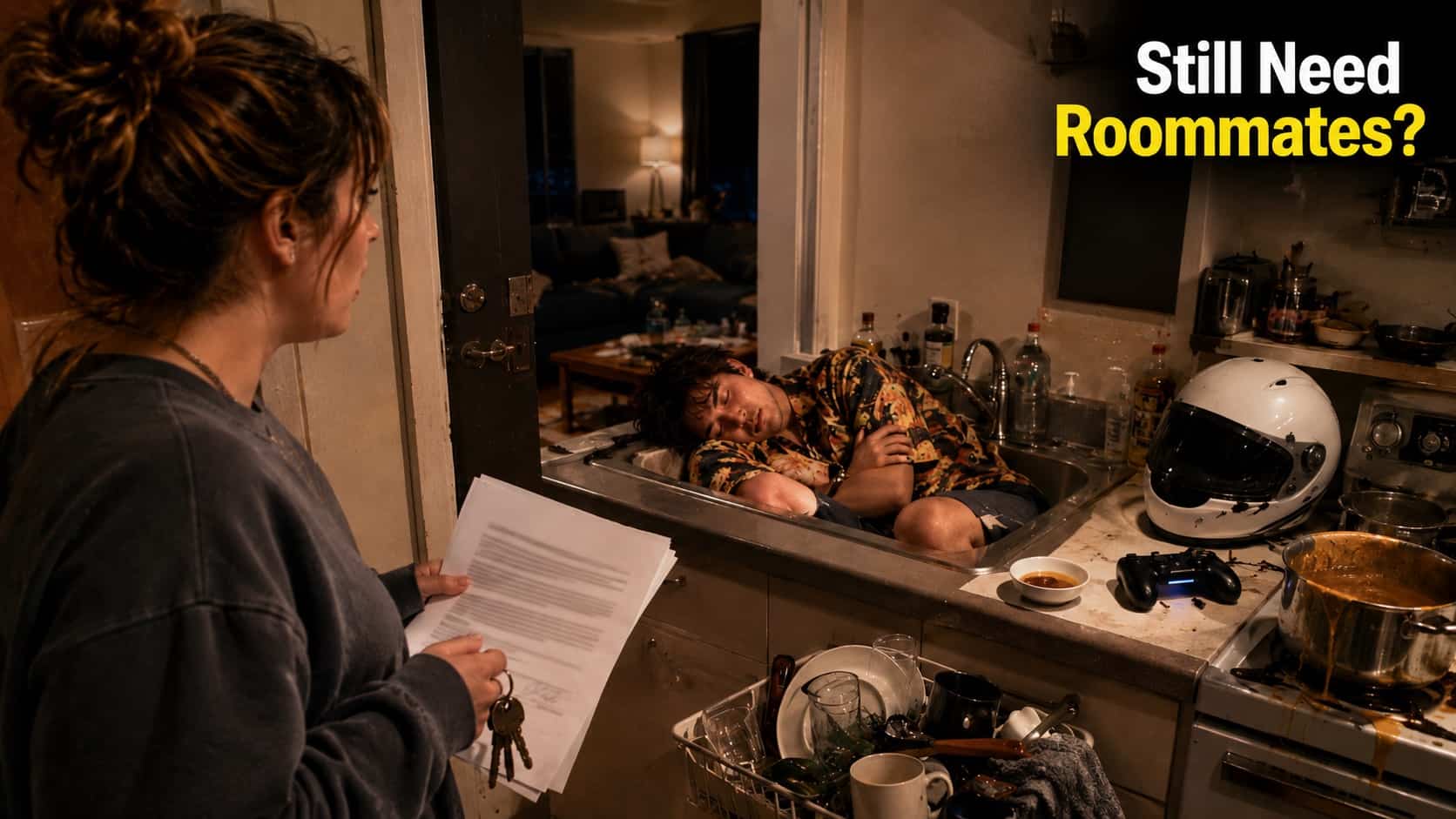 Woman holding rental papers looks at her roommate sleeping inside a messy kitchen sink.