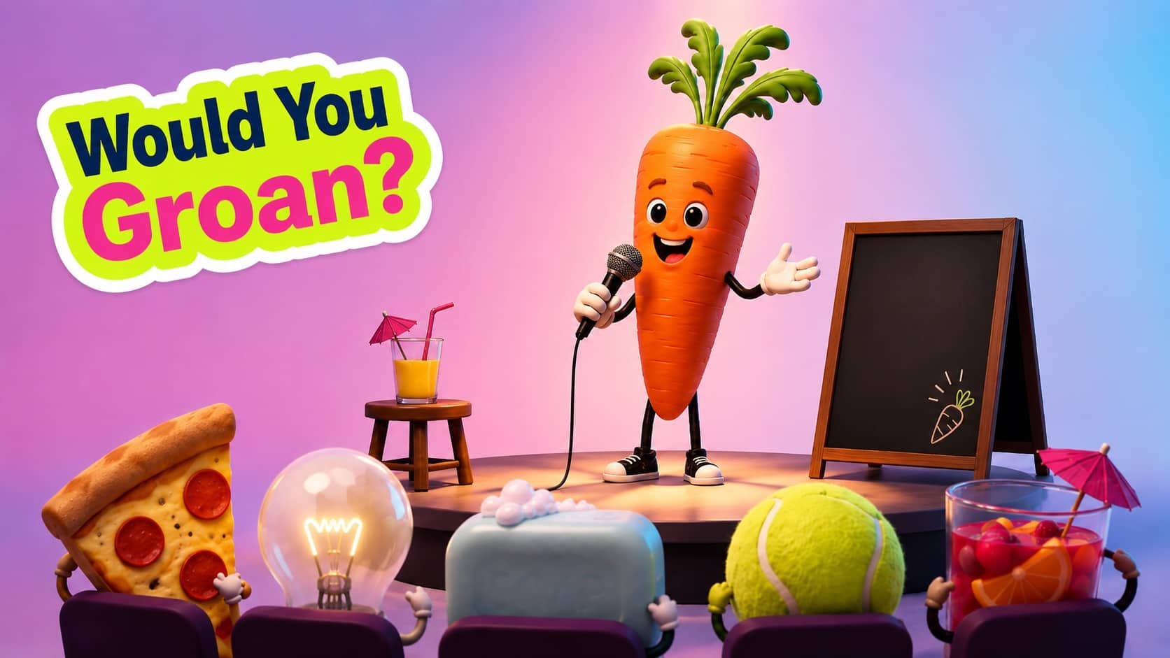 Anthropomorphic carrot performing stand-up comedy on stage for an audience of inanimate objects.