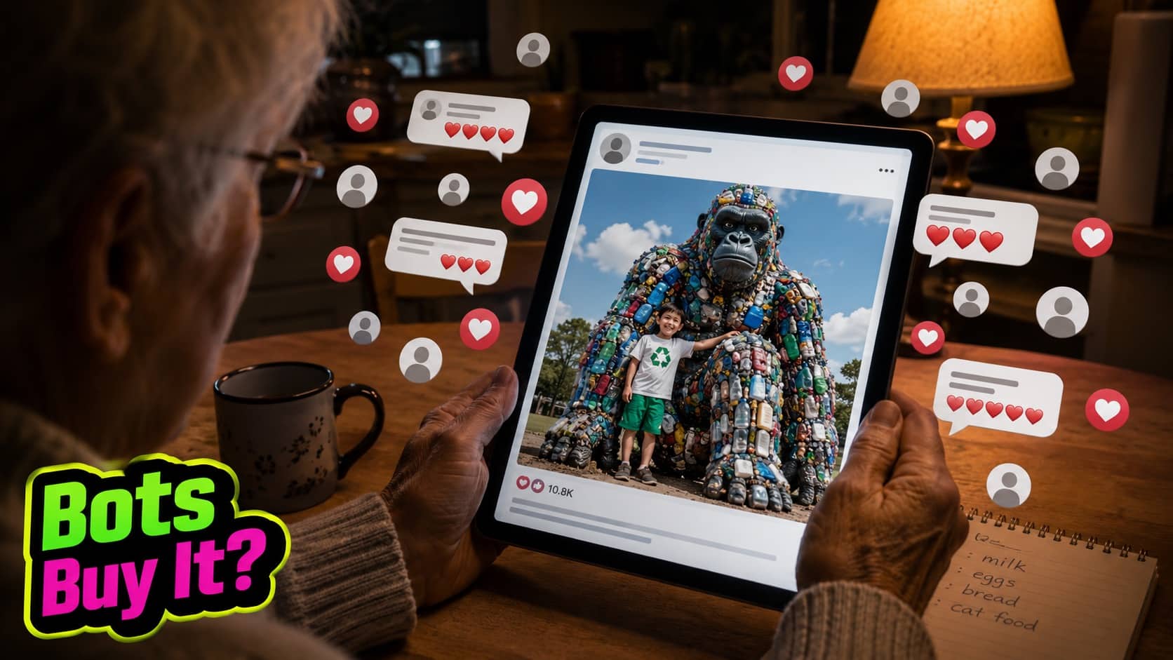 Elderly person holding tablet displaying an AI generated gorilla sculpture made of plastic waste on Facebook.