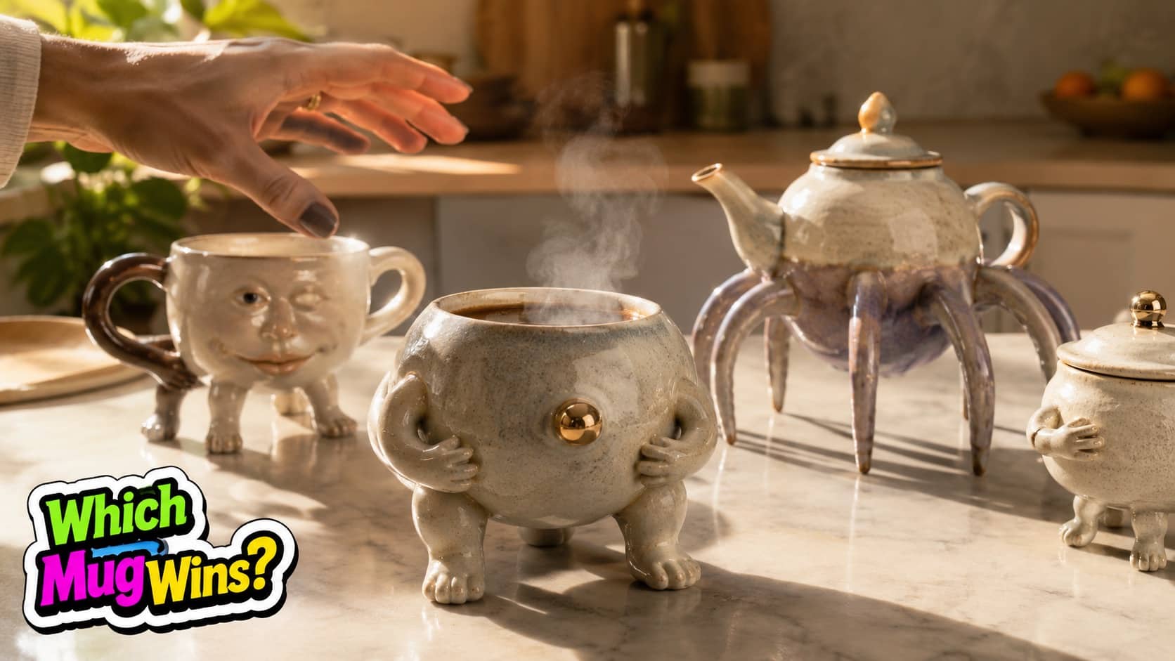 Collection of whimsical ceramic mugs and a spider teapot with human faces and legs on a counter.