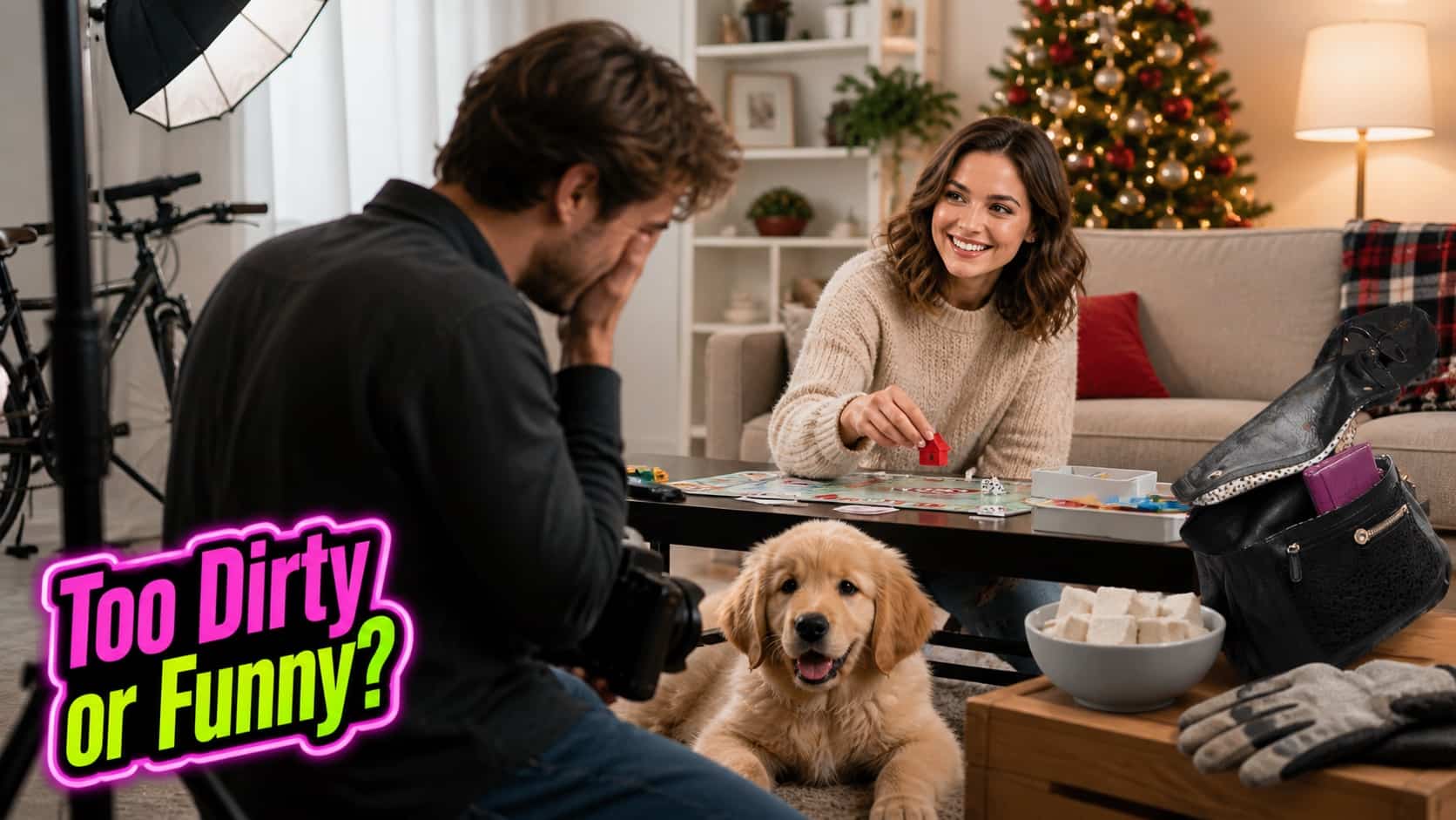 A laughing woman and embarrassed man play board games with a puppy and "Too Dirty or Funny" text.