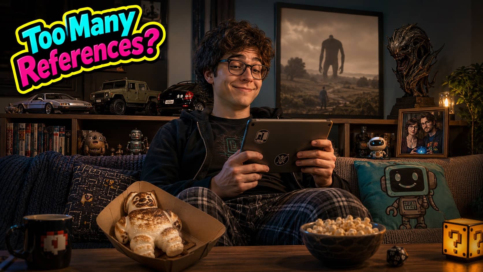 Smiling young man with glasses using a tablet surrounded by pop culture and geek culture references.