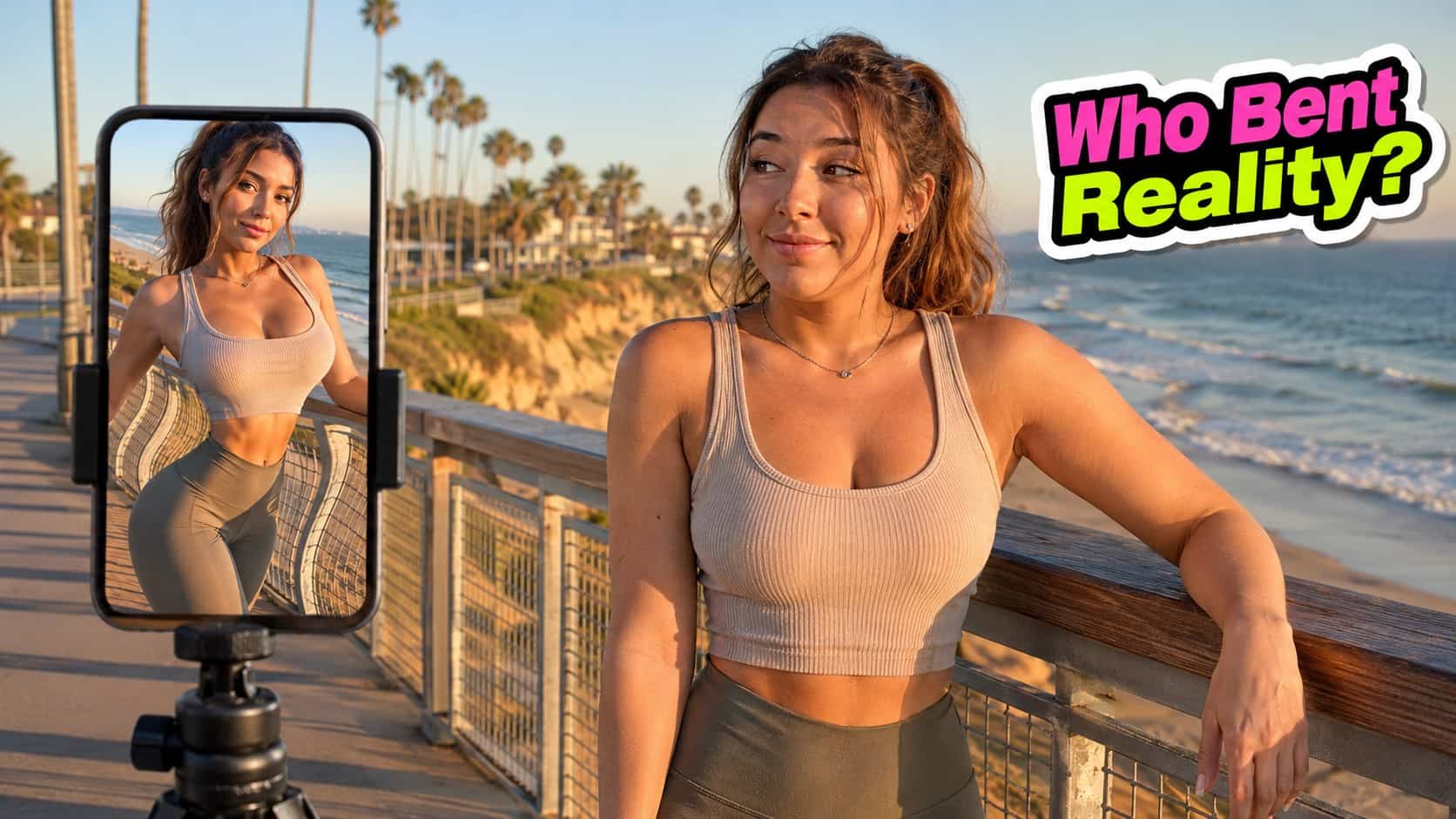Woman posing by beach with phone screen showing heavy editing versus real life appearance comparison.