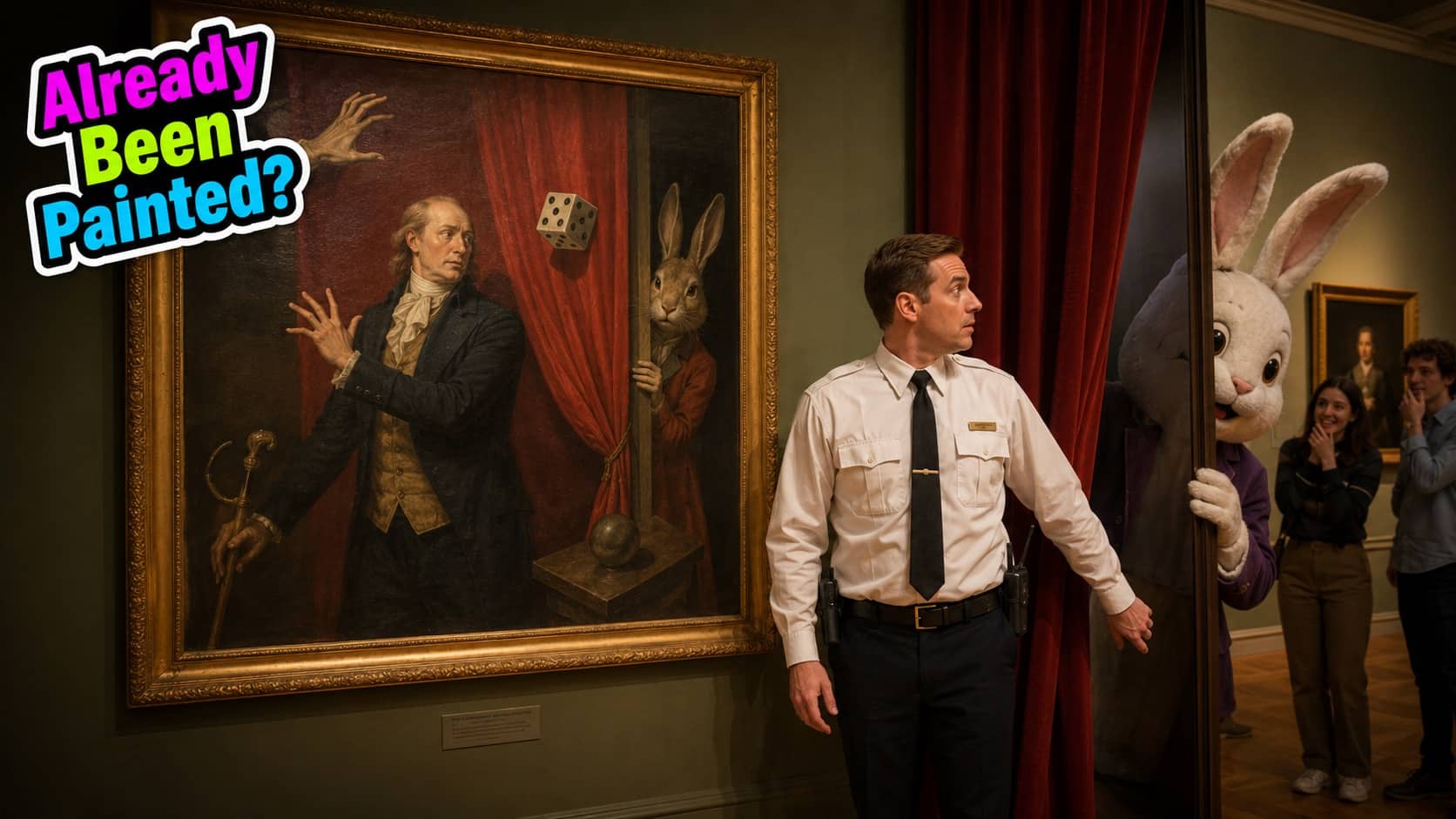 Museum security guard looks surprised as a large white rabbit steps out of a classical oil painting.