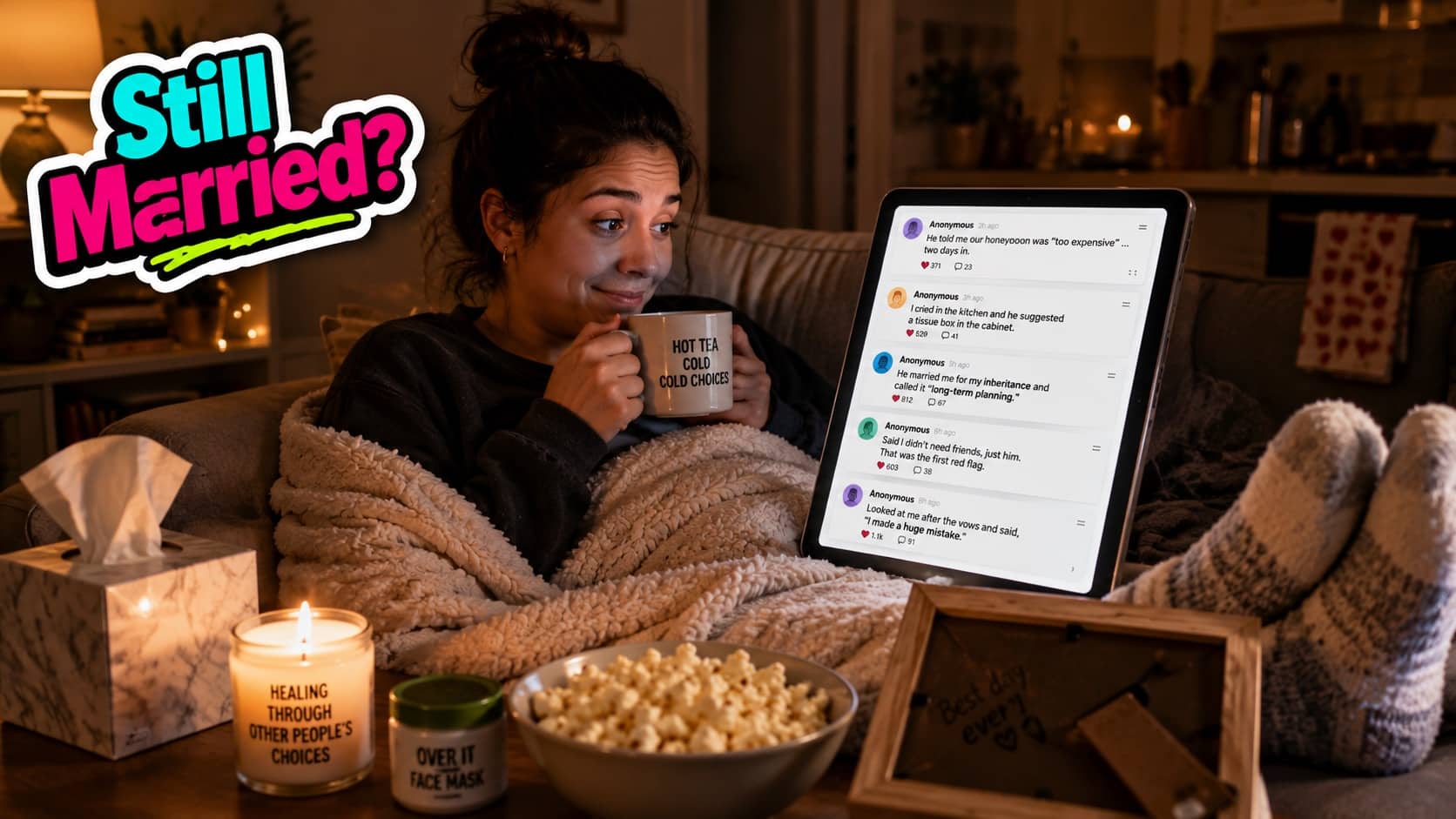Woman cozy on couch drinking tea and reading funny relationship confession posts on a tablet.