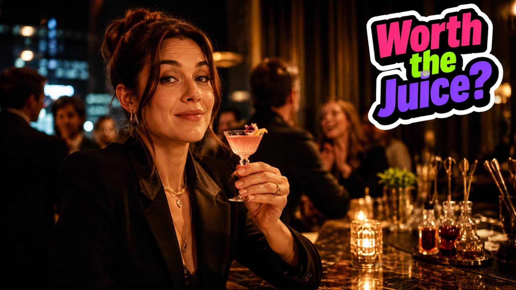 Smiling woman holding a pink cocktail at a bar with Worth the Juice text overlay.