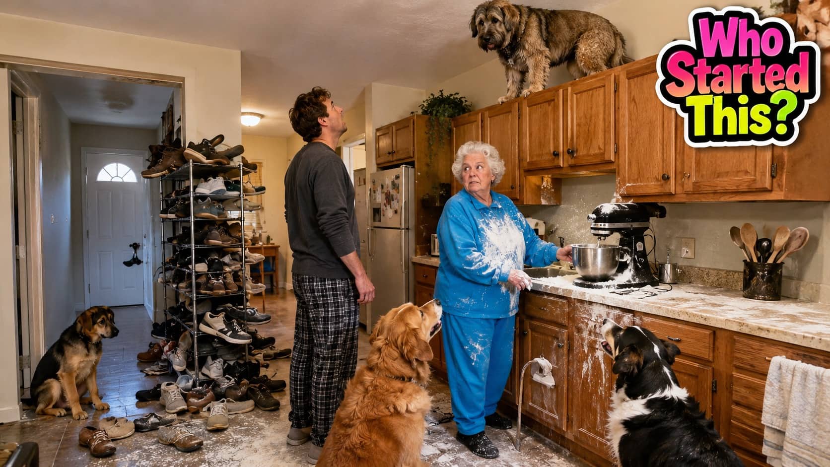 Chaos in kitchen with flour on woman, dog on cabinets, and shoes scattered across floor.
