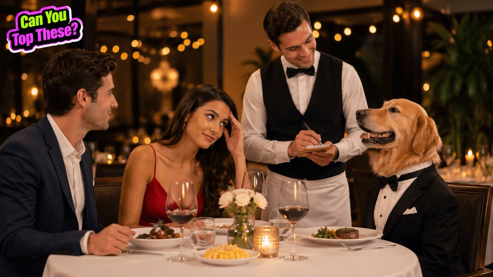 A golden retriever wearing a tuxedo sitting at a restaurant dinner table with a couple.