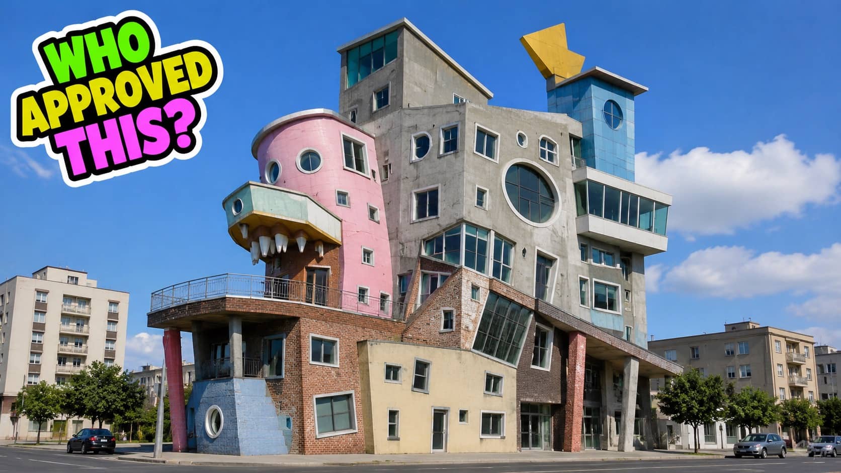 Bizarre and chaotic multi-colored apartment building showcasing arguably the ugliest building in the world architecture.