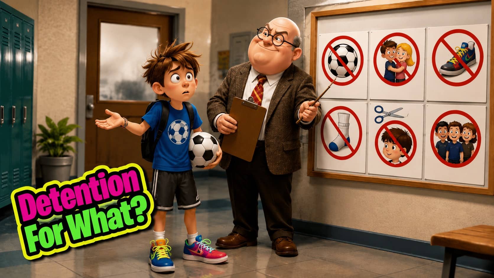 Frustrated student with soccer ball facing a teacher pointing at a board of unusual school rules.