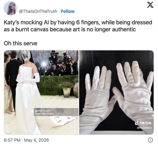 2026 Met Gala meme detailing Katy Perry's "burnt canvas" look, featuring structured white fabric and six-fingered gloves designed to mock the anatomical errors made by AI.