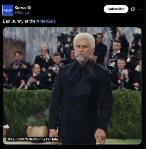 A viral 2026 Met Gala meme showing an image of a man who looks like a silver-haired, elderly version of Bad Bunny in a sharp black suit with a large bow.
