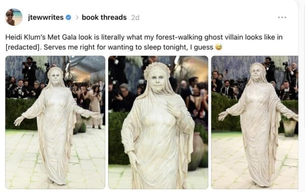 A 2026 Met Gala meme collage featuring Heidi Klum’s statue-like ensemble, jokingly compared by a writer to a "forest-walking ghost villain" from a horror novel.
