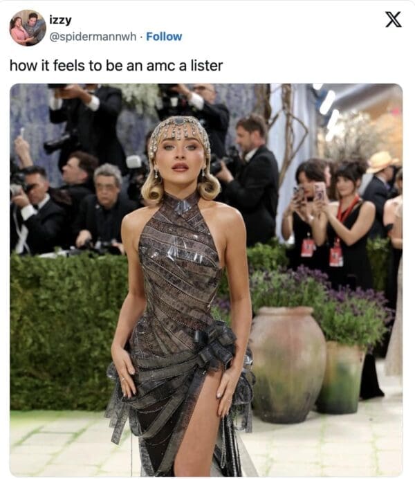 A 2026 Met Gala meme featuring Sabrina Carpenter in her film-strip gown, used to represent the smug, elite feeling of having an AMC A-List membership.