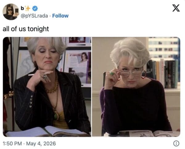 A two-panel 2026 Met Gala meme featuring Meryl Streep as Miranda Priestly from The Devil Wears Prada, representing the judgmental collective consciousness of the internet during the red carpet.