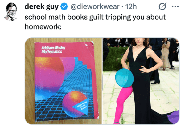 A side-by-side 2026 Met Gala meme comparing the cover of an "Addison-Wesley Mathematics" textbook with a guest wearing a black plunging gown over neon pink leggings and holding a cyan circular accessory.