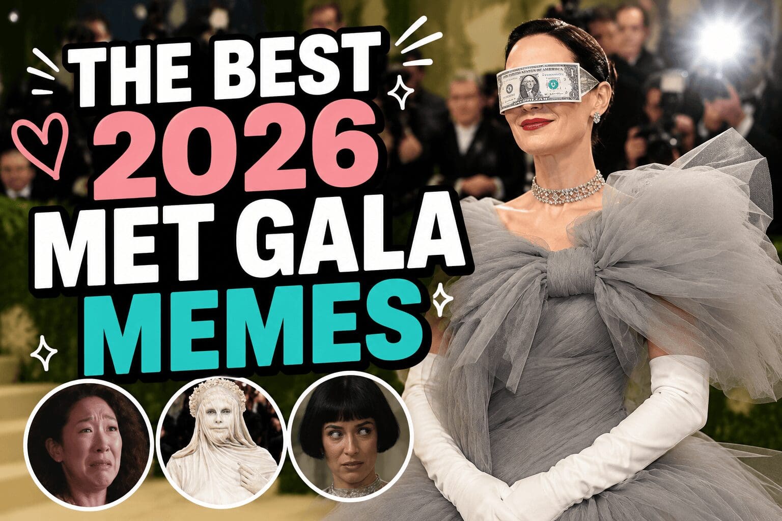 A comprehensive gallery of 2026 Met Gala memes capturing the chaotic intersection of high fashion and internet culture, featuring Heidi Klum as a sentient marble statue, Sabrina Carpenter’s literal film-strip gown, and the annual tradition of Jason Derulo "falling" down the stairs.