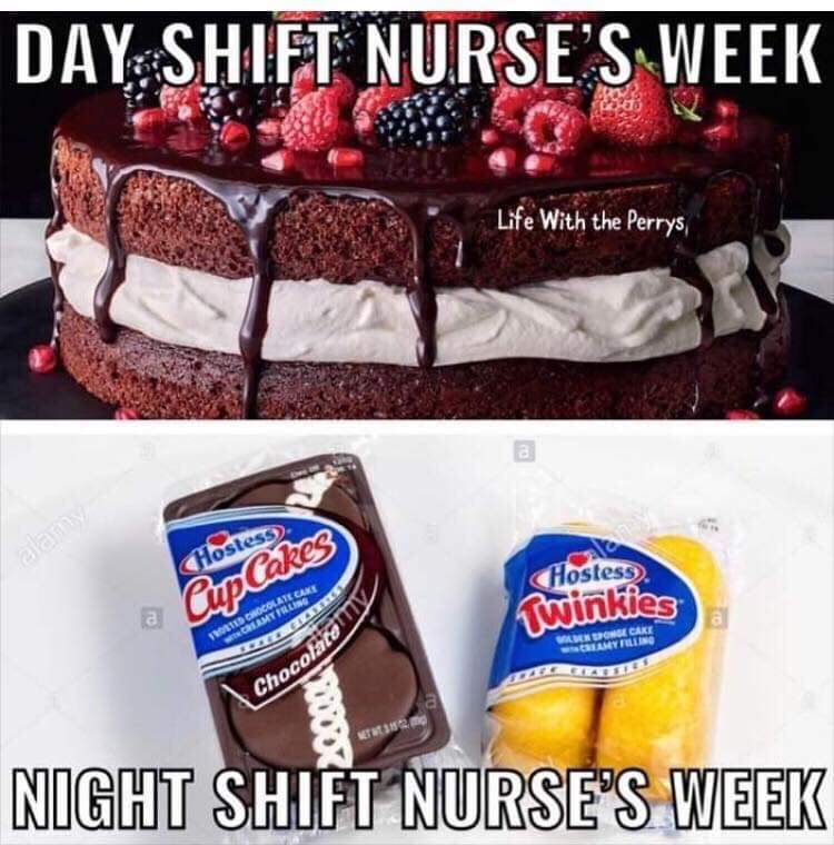 A comparison Nurses Week meme showing the fancy berry-topped cake for day shift versus the stale Hostess cupcakes and Twinkies left for the night shift.