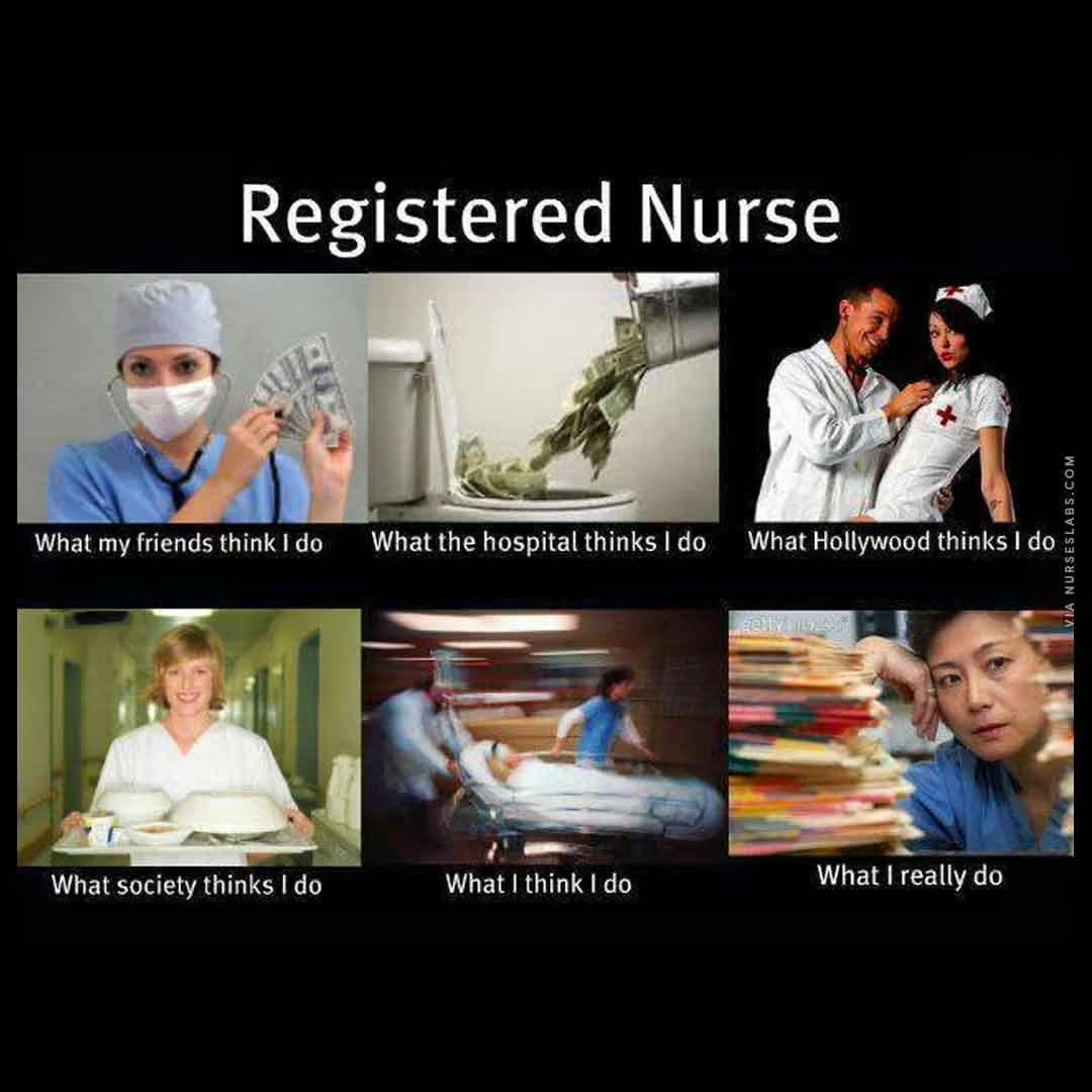 A "What People Think I Do" grid for a Registered Nurse, contrasting Hollywood glamour and "heroic" perceptions with the reality of being buried under a mountain of paperwork.