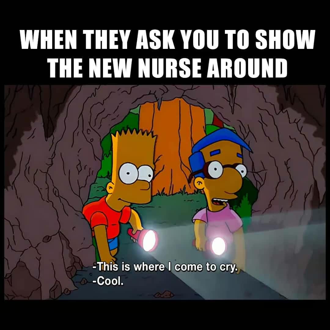 Bart and Milhouse from The Simpsons in a cave, used as a Nurses Week meme for showing new hires the designated crying spot during their orientation.