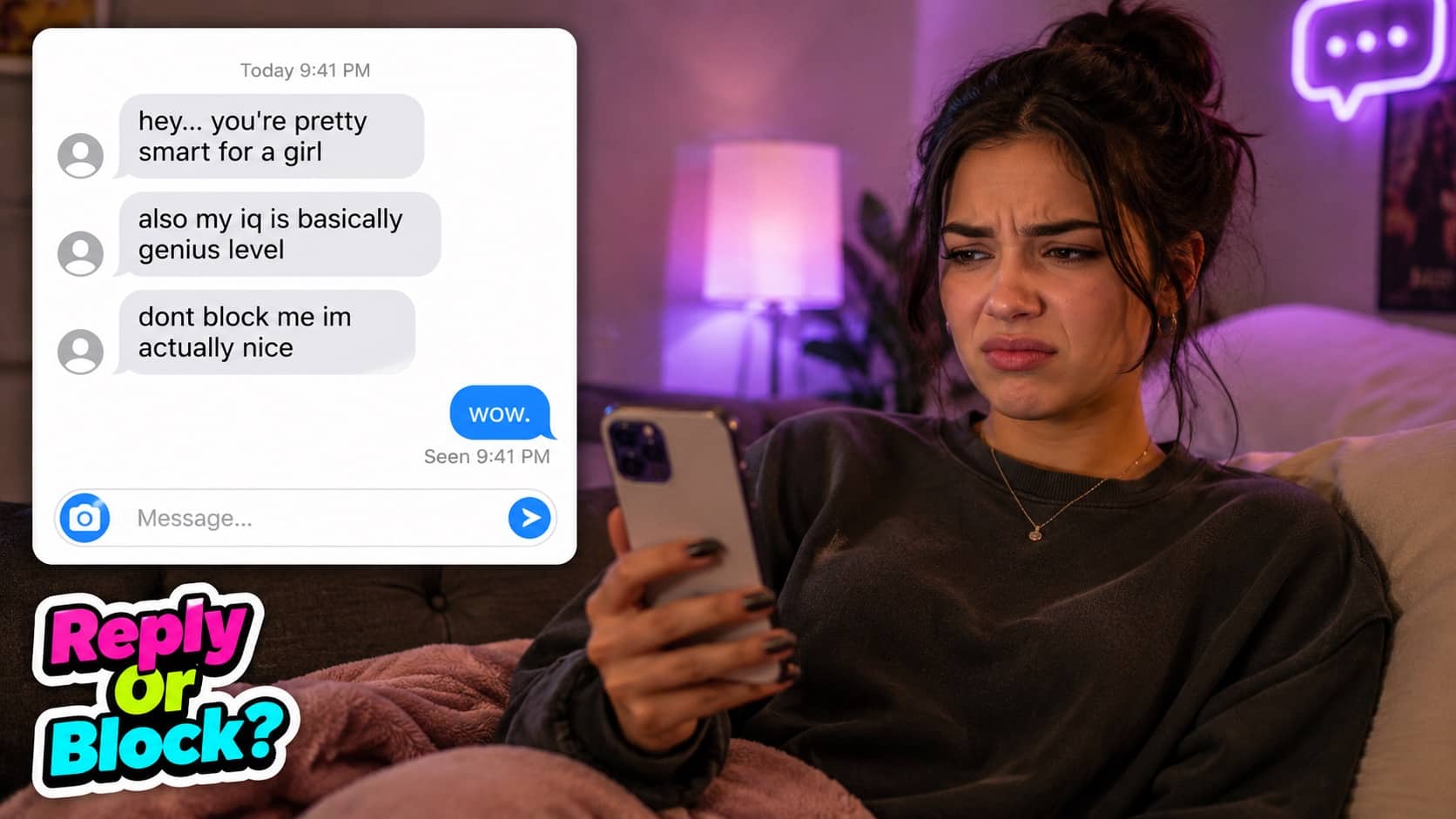Young woman looking disgusted at cringe texts on her phone while sitting on a couch.