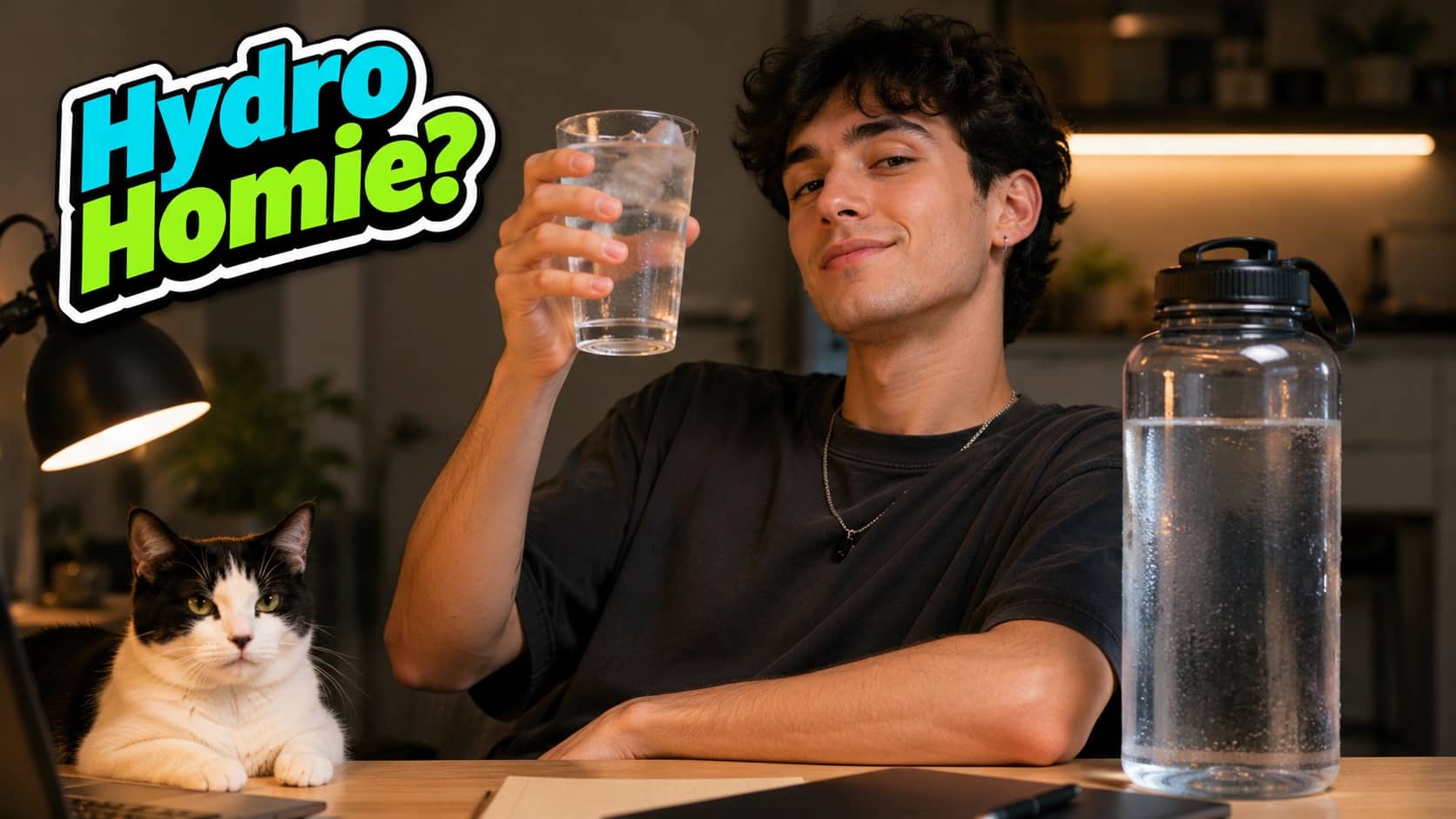 Young man raising a glass of water next to a cat and Hydro Homie text.