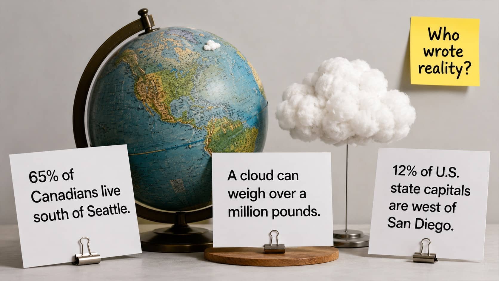 Globe with mind-blowing facts cards about Canada population, cloud weight, and US state capitals.
