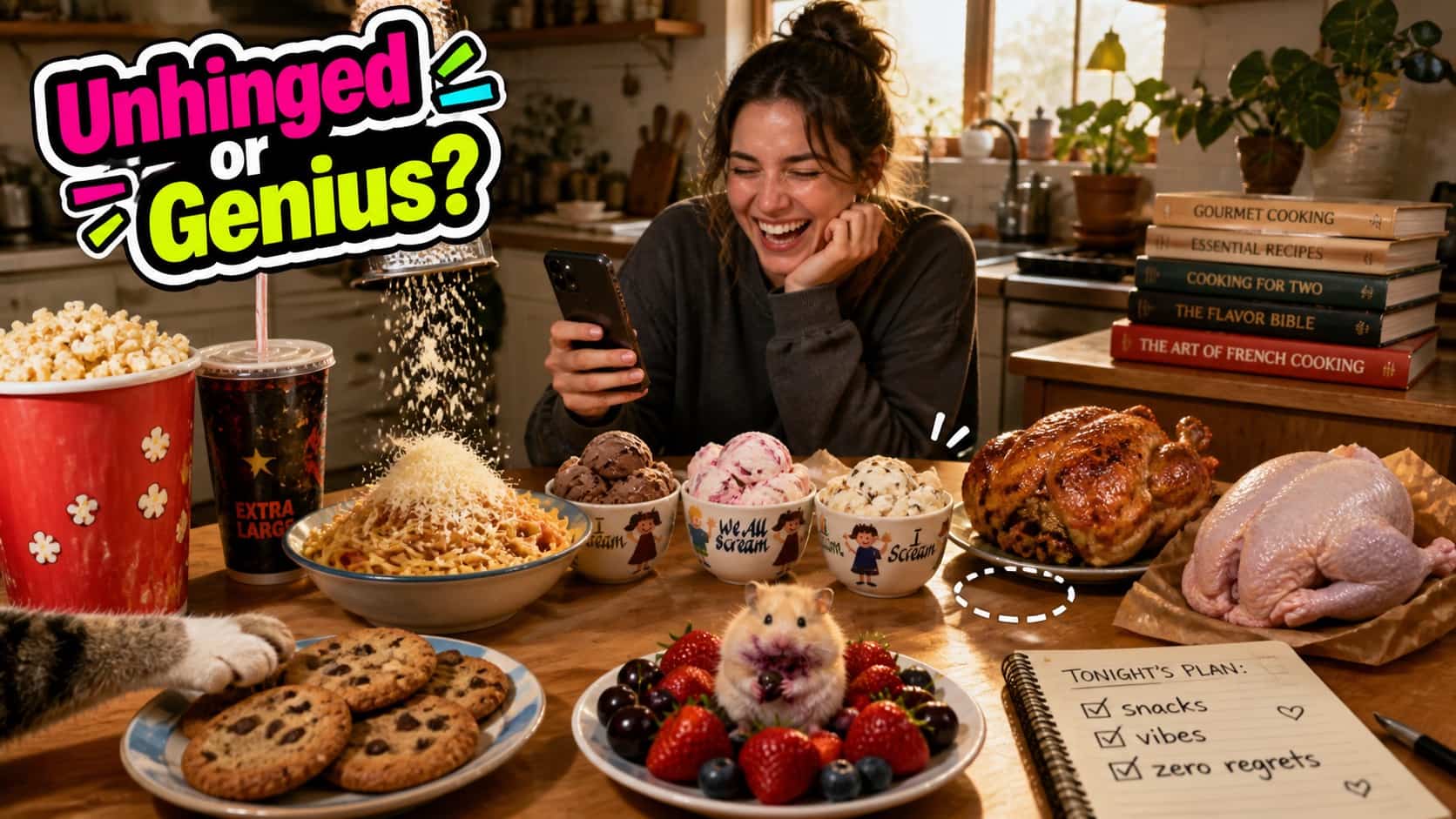 Unhinged food tweets theme with a woman laughing at a table overflowing with pasta, chicken, and ice cream.