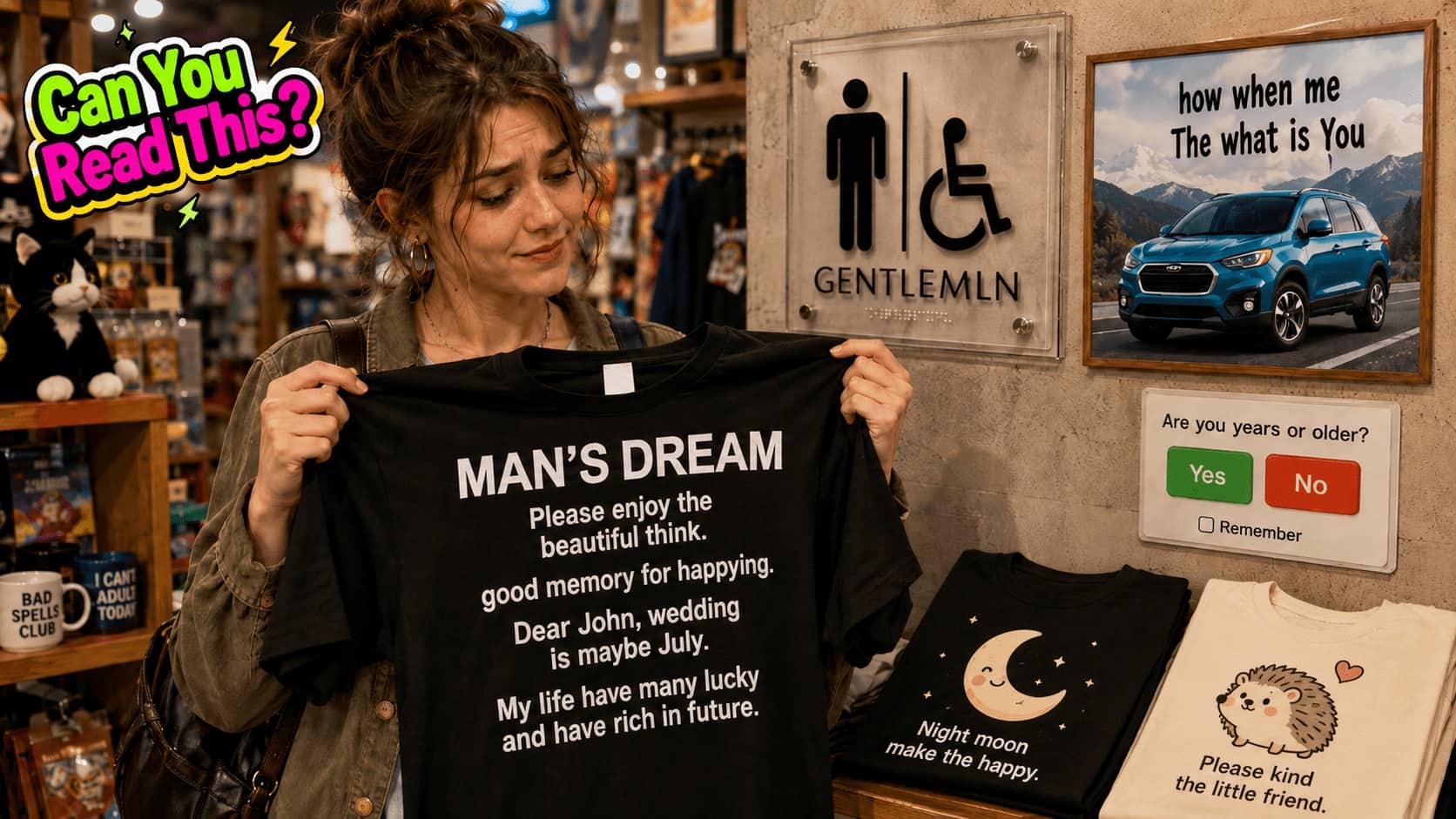 A woman holding up a t-shirt with funny, poorly translated English spelling fails and phrases.