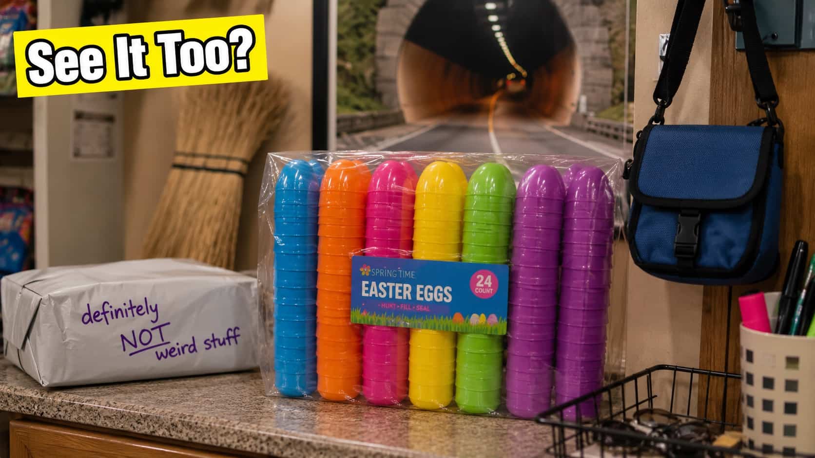 A stack of colorful plastic Easter eggs sitting on a counter next to a package.