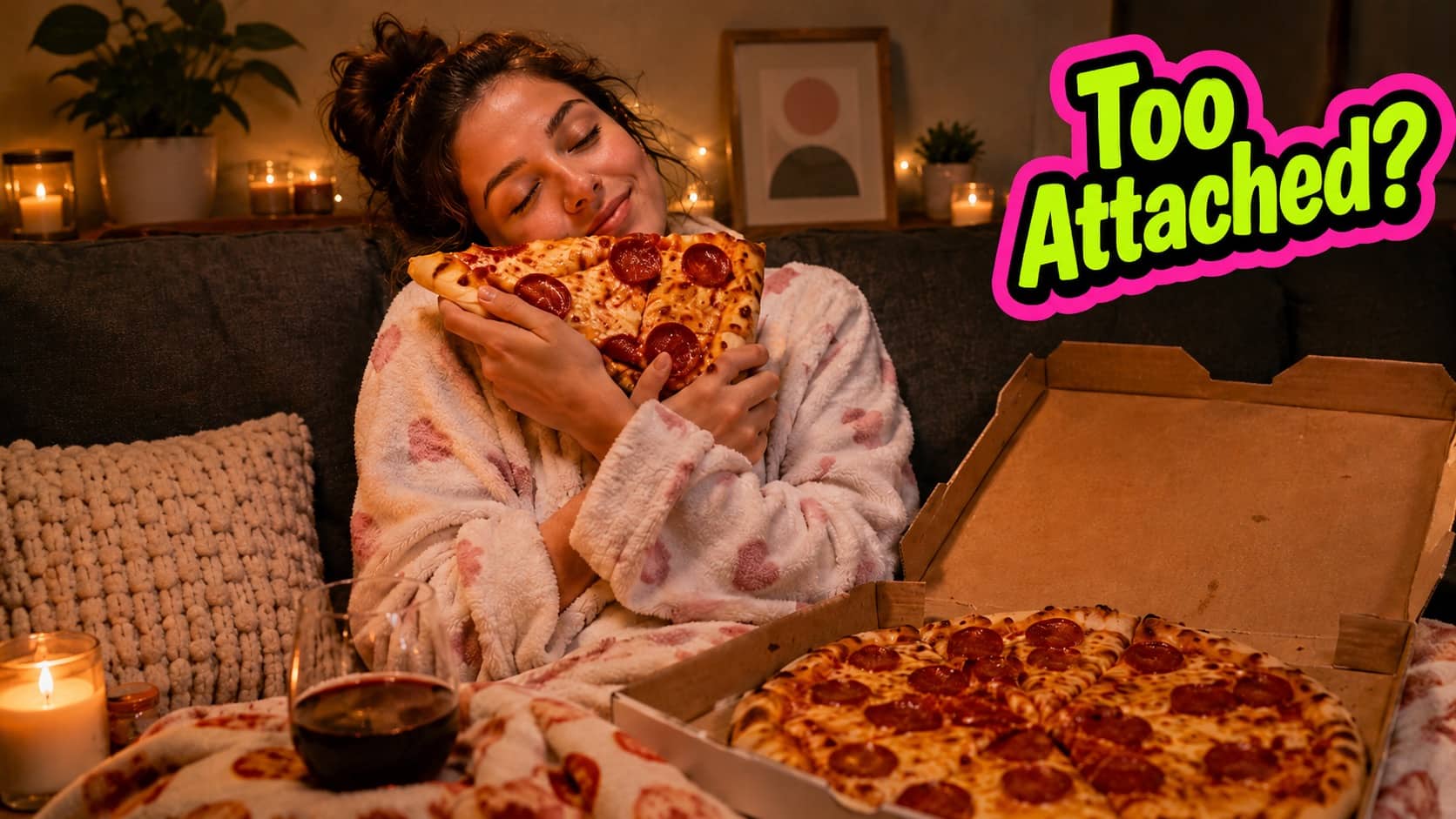 Woman in a cozy bathrobe hugging a large slice of pepperoni pizza on a couch.