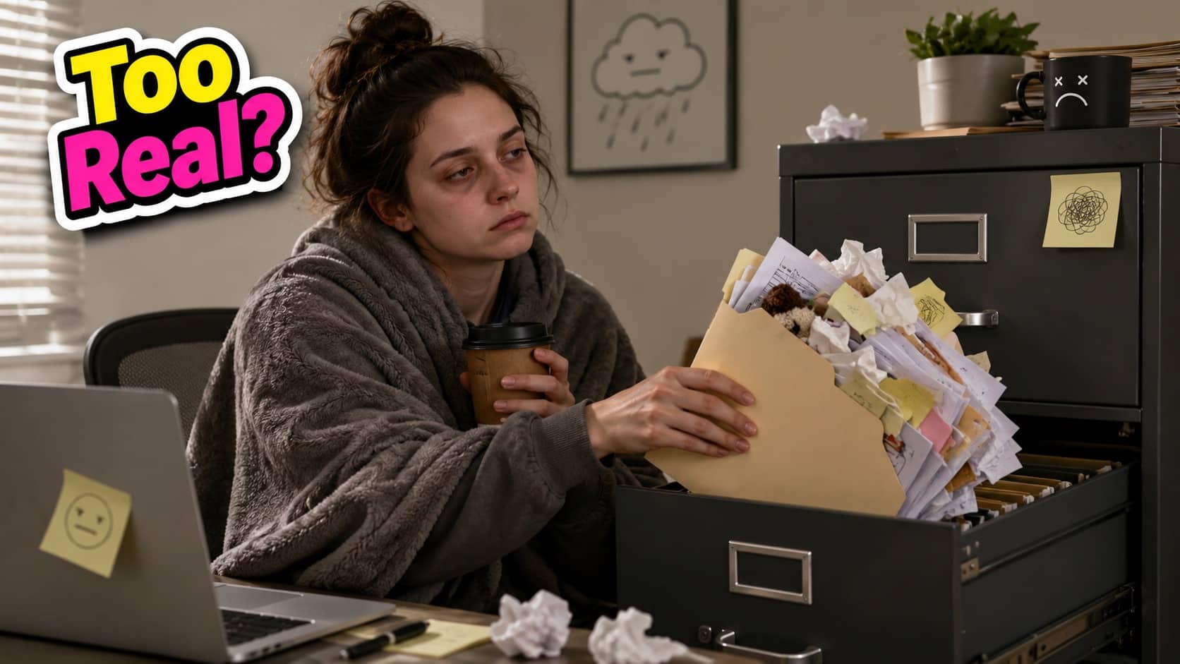 Tired woman in a robe looking at an overflowing file cabinet for relatable self deprecating memes.