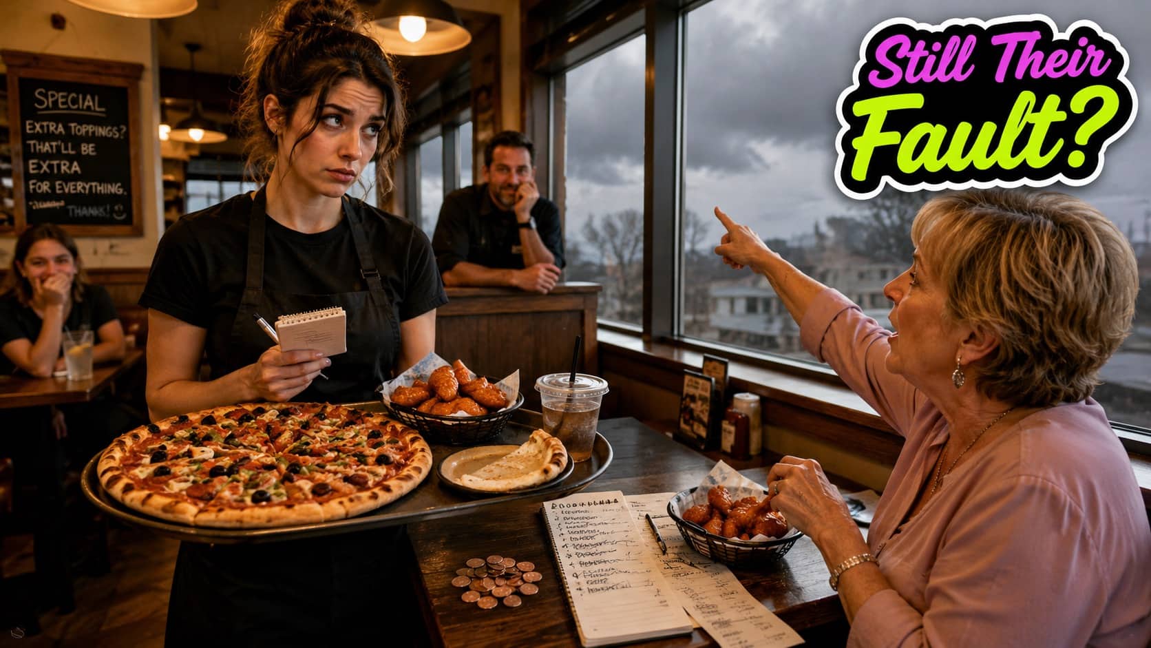 Frustrated waitress holding pizza tray while an older woman points and yells in a busy restaurant.