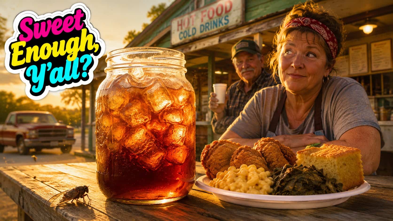Southern food spread with massive mason jar of sweet tea and lady smiling at table.