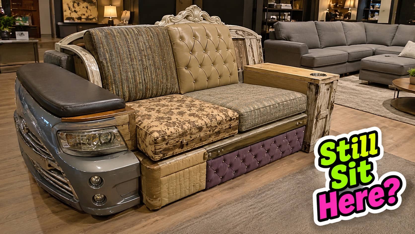 Bizarre DIY couch made from mismatched furniture parts and a silver car bumper with text still sit here.