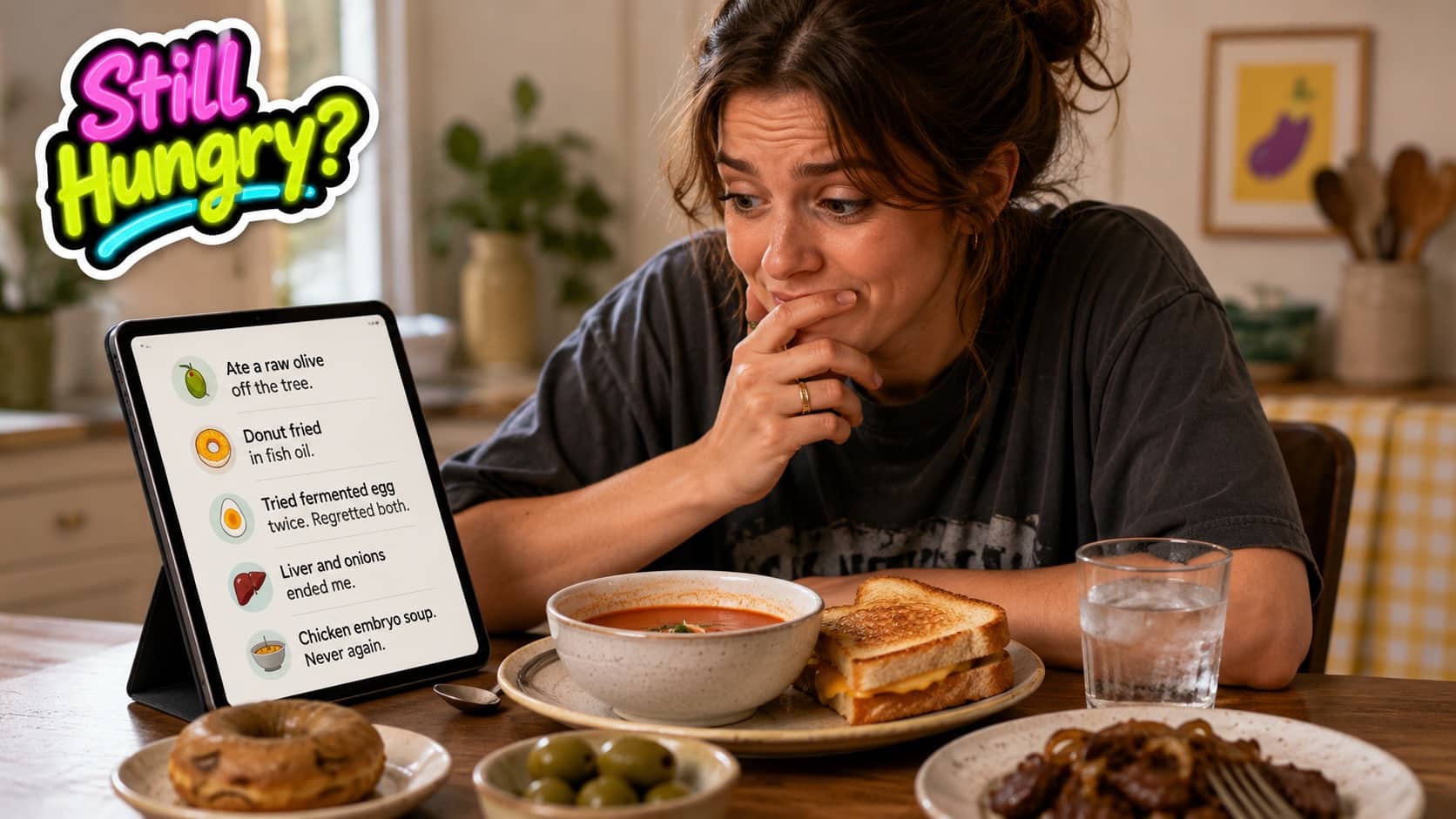 Skeptical woman eating a meal while reading a list of worst food experiences online.