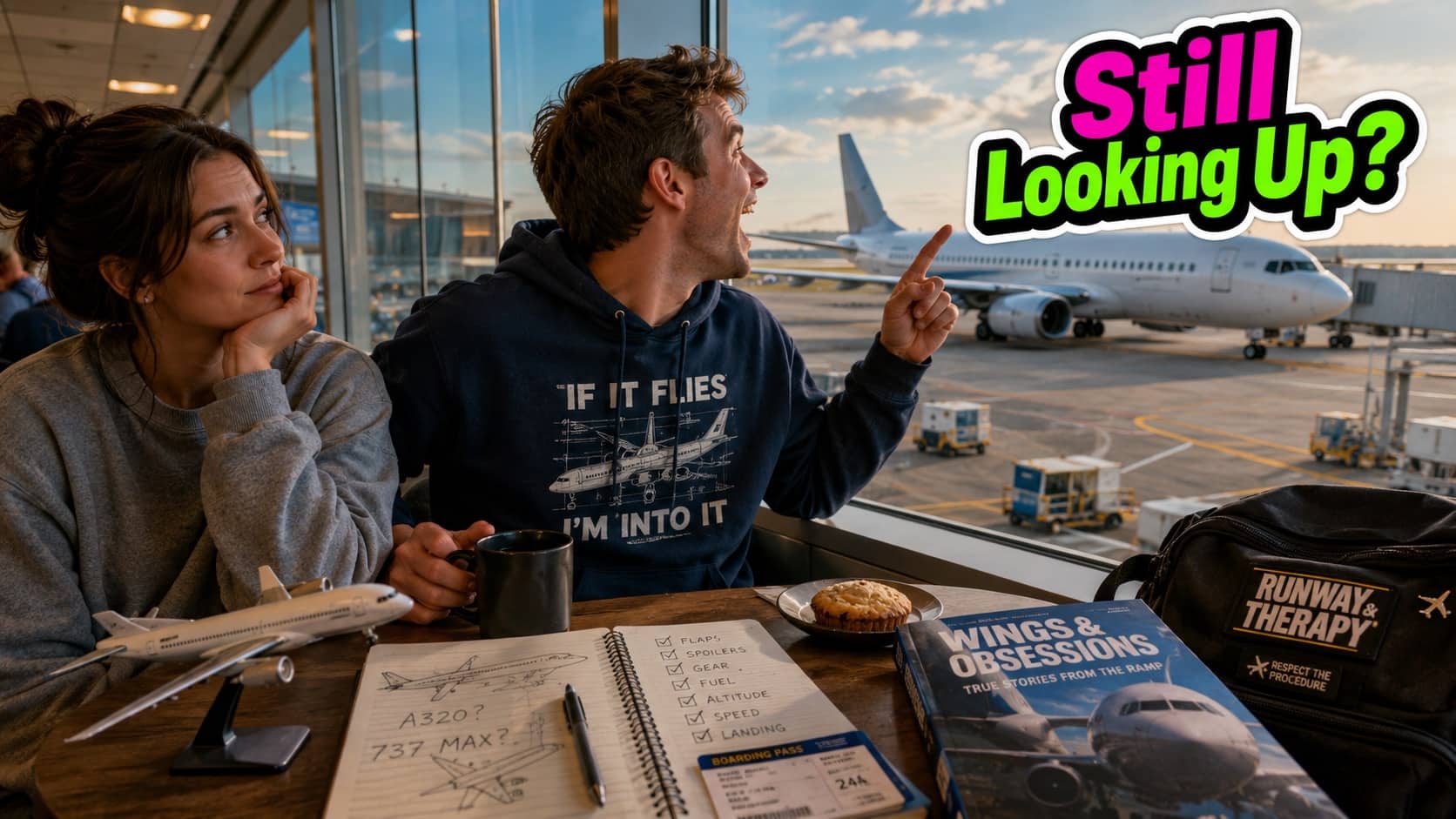 Enthusiastic aviation fan pointing at airplane while woman looks on with an amused, tired expression.