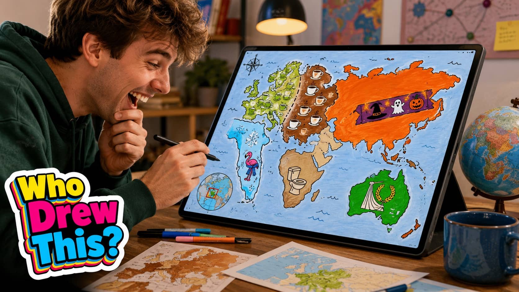 Laughing man using a stylus to draw a funny, inaccurate world map on a tablet.